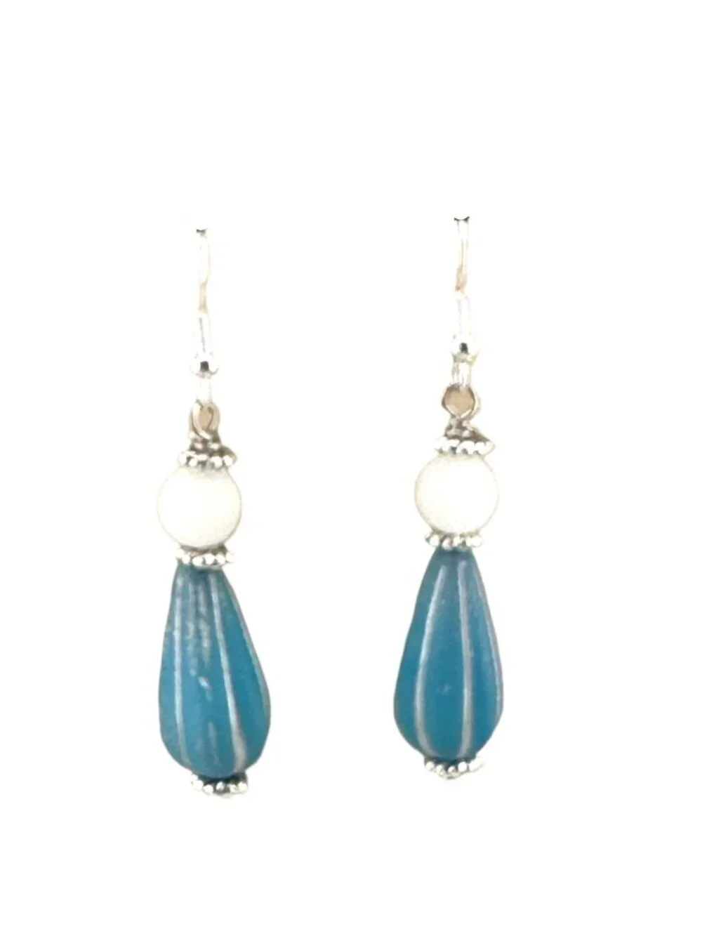 Blue Czech Glass Teardrop Earrings White Jade 925 Sterling Silver Coastal Boho